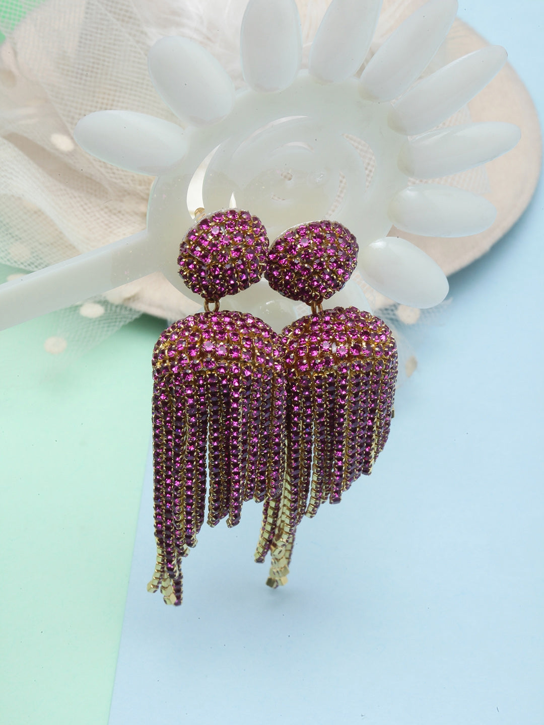 Gold-Plated Purple Rhinestone Studded Drop Earrings