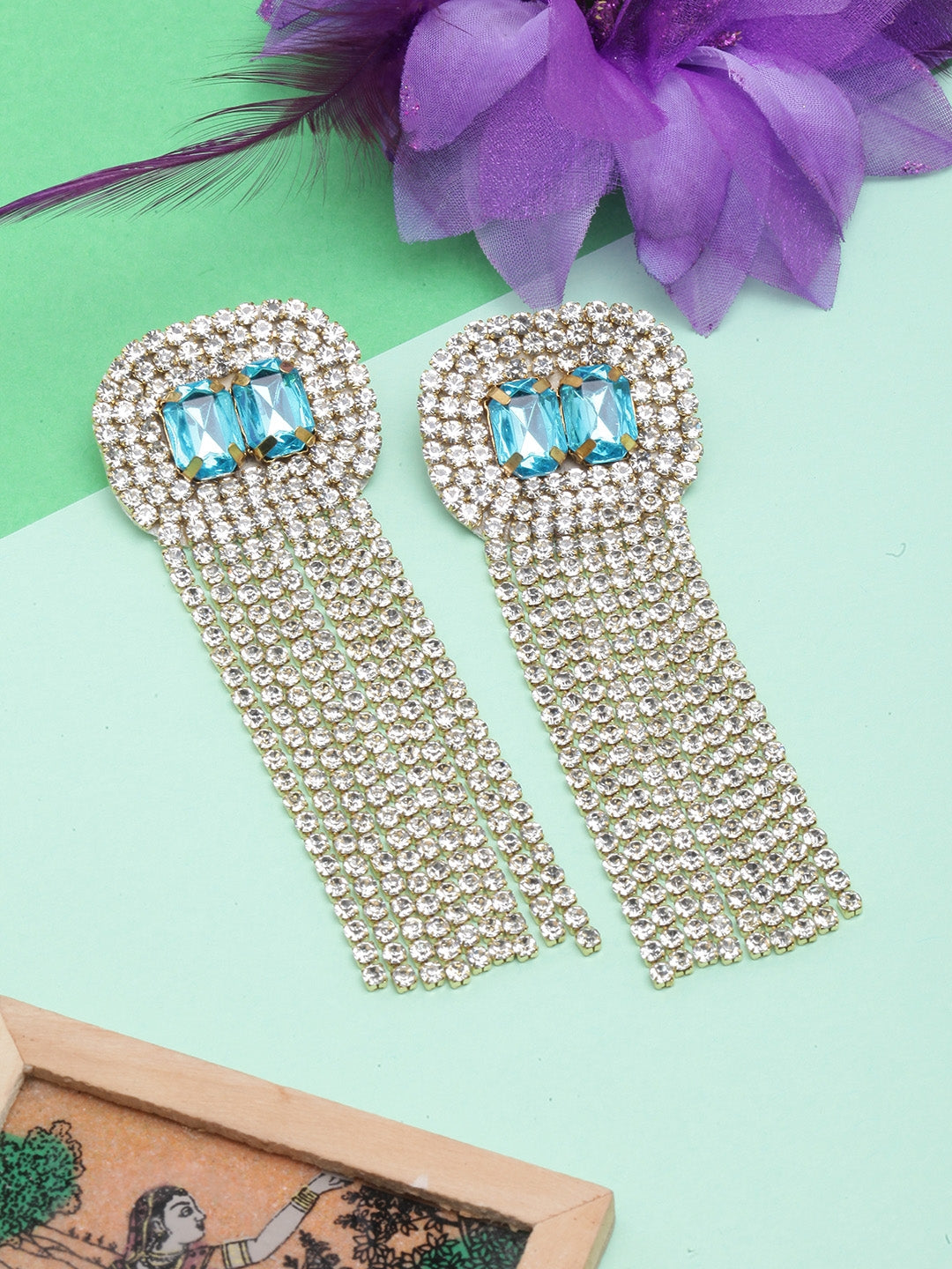 Gold-Plated Blue & Transparent Rhinestone Studded Drop Earrings