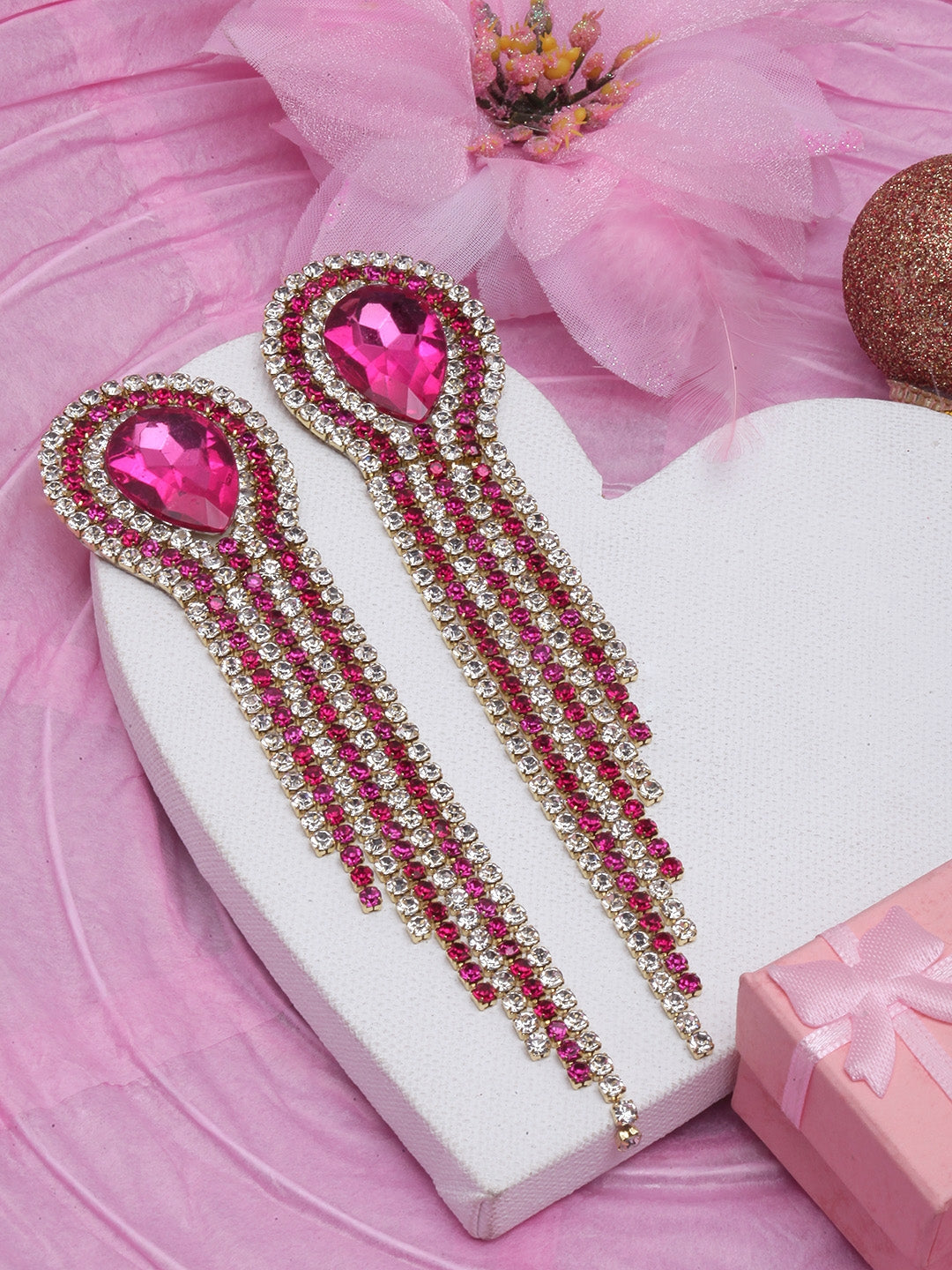 Gold-Plated Pink & Transparent Rhinestone Studded Earrings