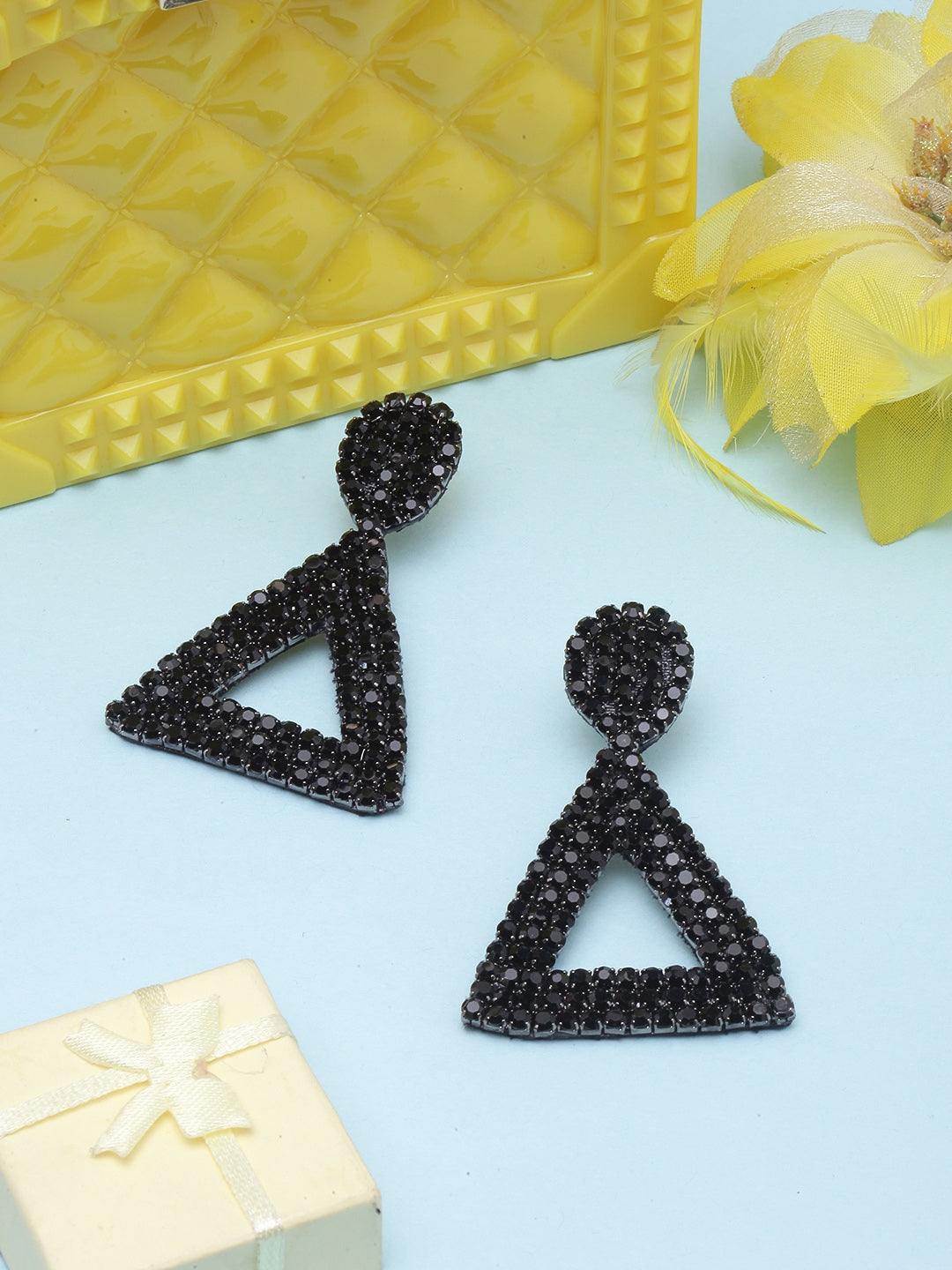 Black-Plated Rhinestone Studded Drop Earrings