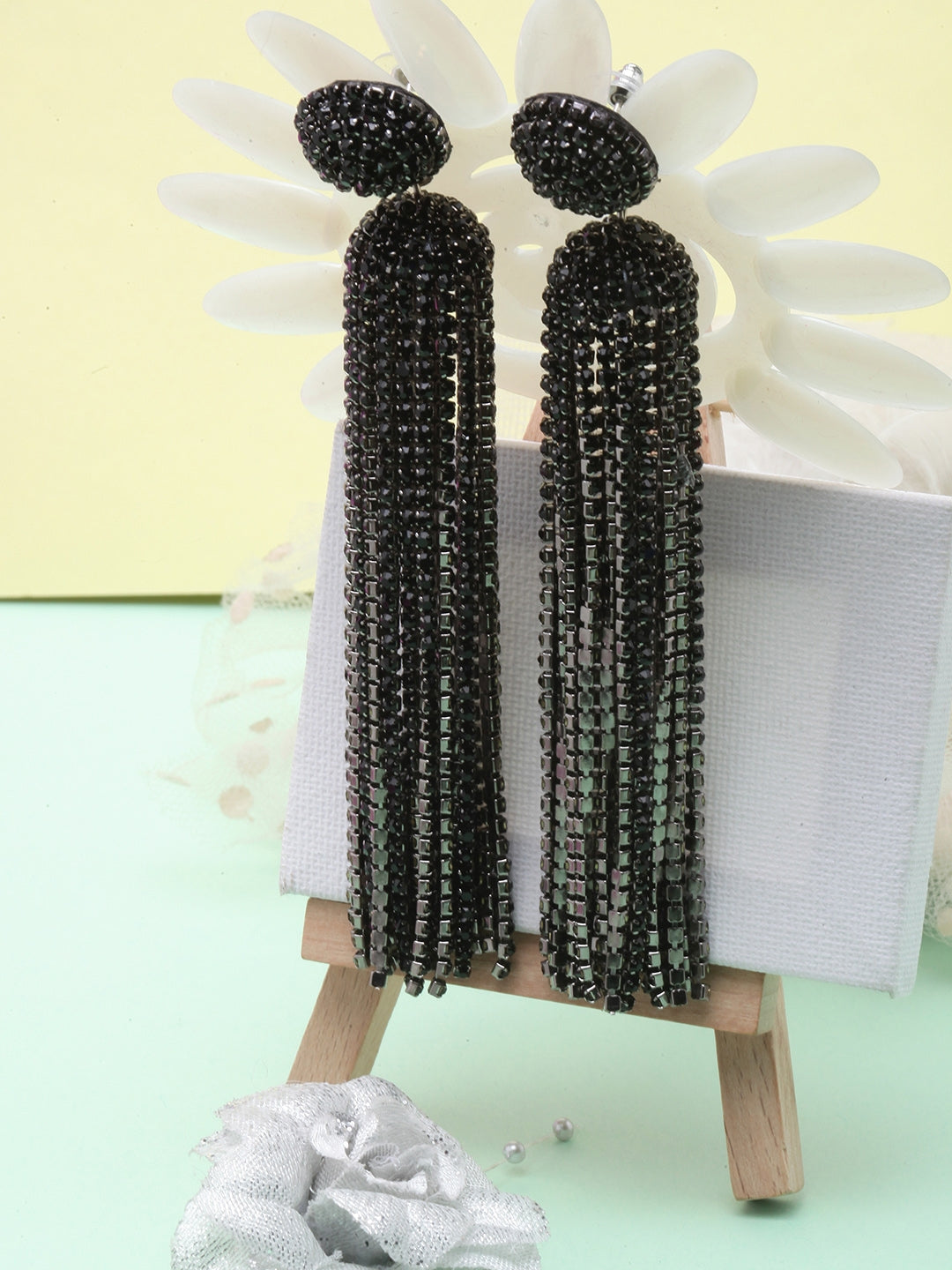 Black-Plated Rhinestone Studded Drop Earrings