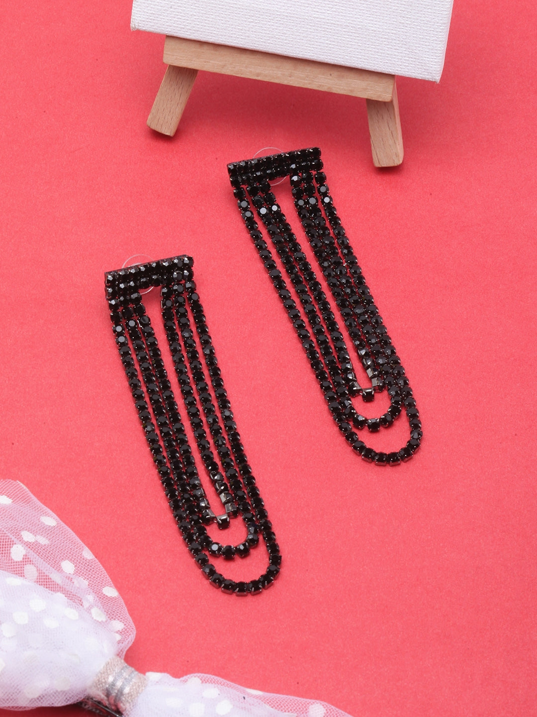 Black-Plated Rhinestone Studded Drop Earrings