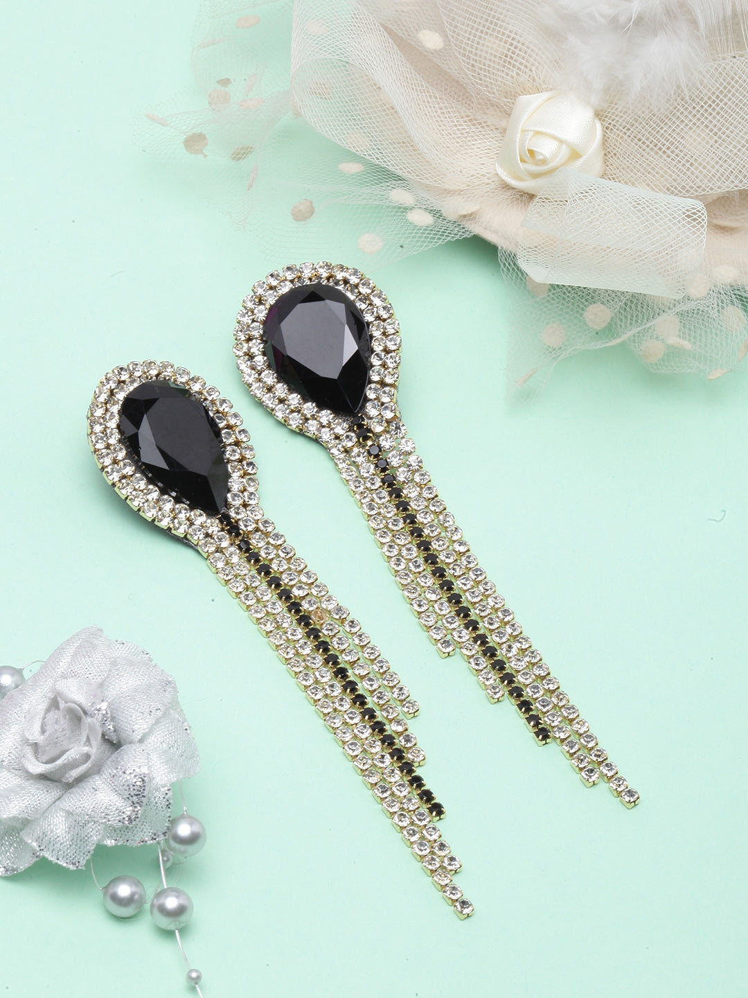 Gold-Plated Black & Transparent Rhinestone Studded Drop Earrings