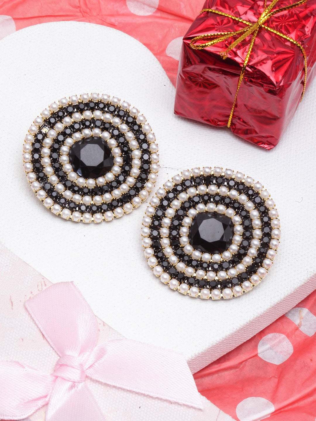Gold-Plated Circular Black & White Rhinestone Studs