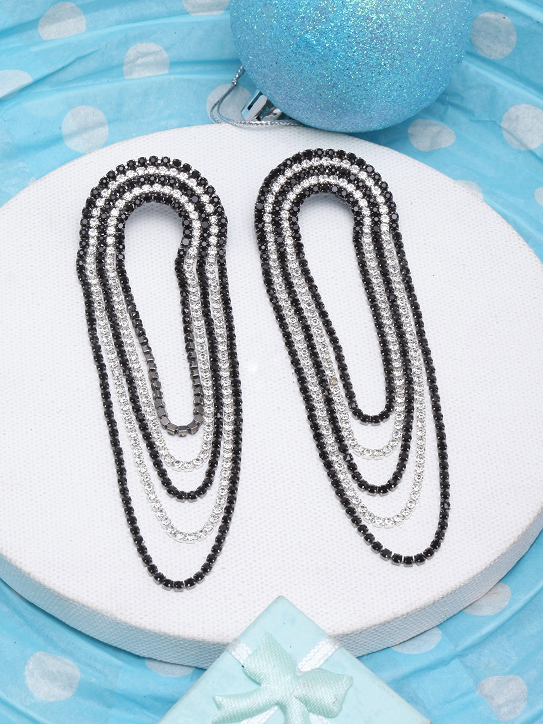 Silver-Plated Black & Transparent Rhinestone Studded Drop Earrings
