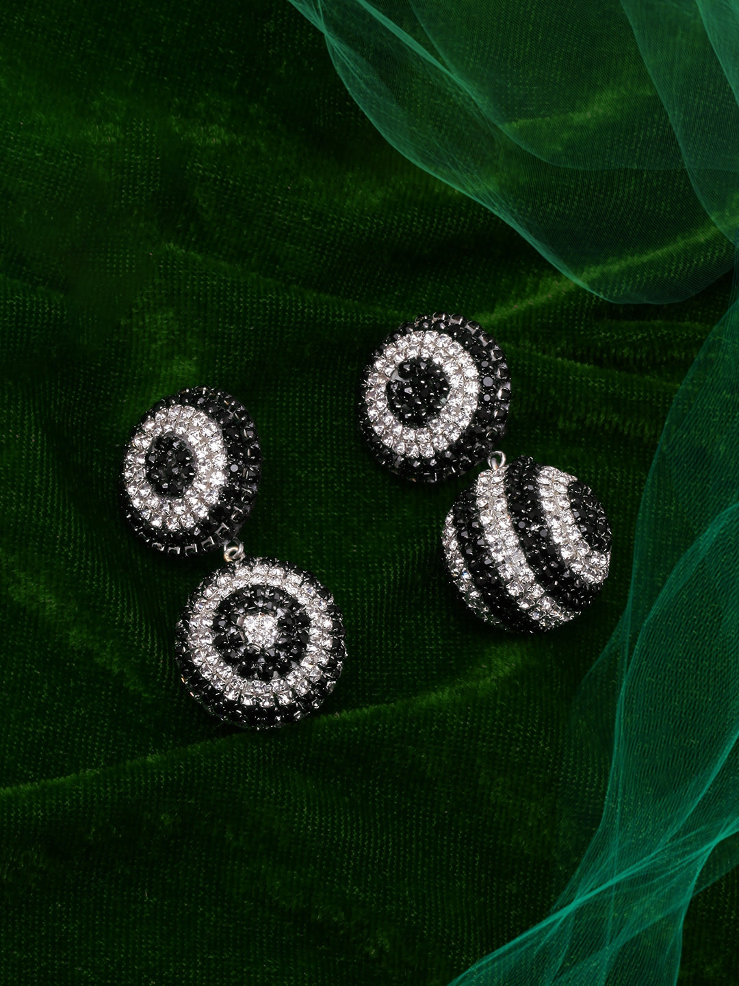 Silver-Plated Black & Silver Circular Rhinestone Studded Drop Earrings