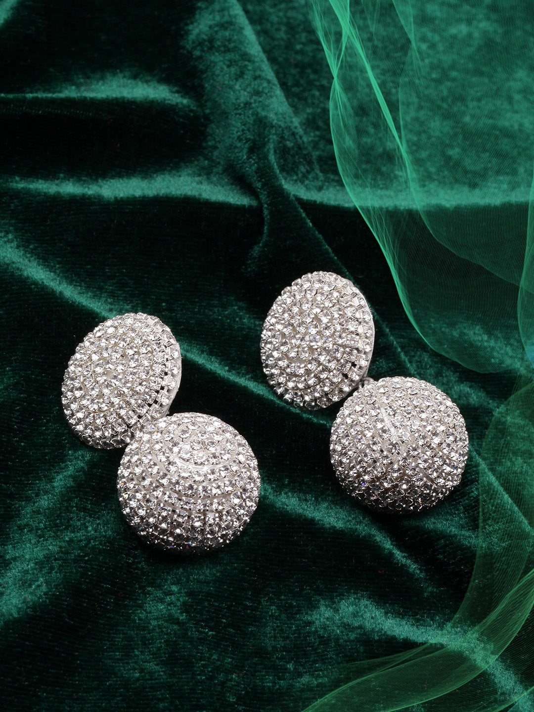 Silver-Plated Circular Rhinestone Studded Drop Earrings