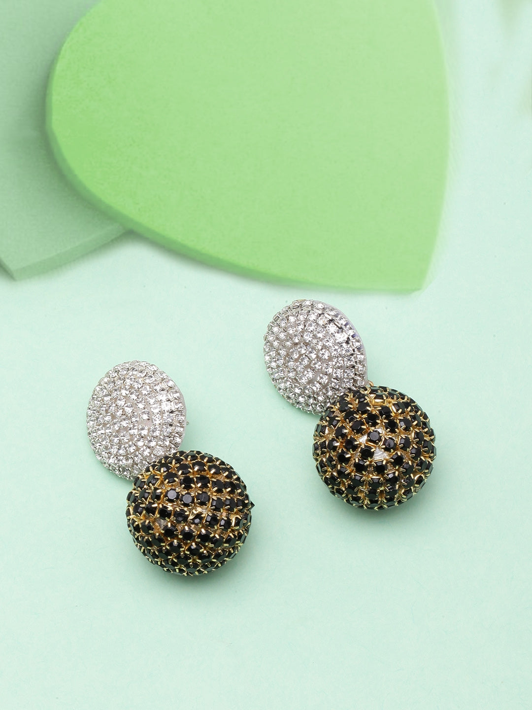 Gold-Plated Silver & Black Circular Rhinestone Studded Drop Earrings