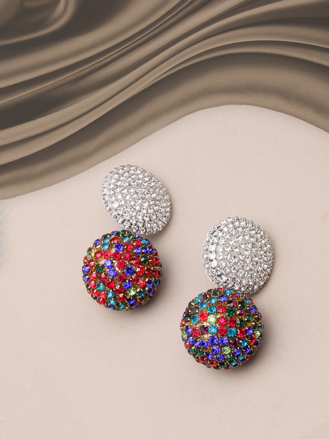 Gold-Plated Silver & Multi Colored Circular Rhinestone Studded Drop Earrings