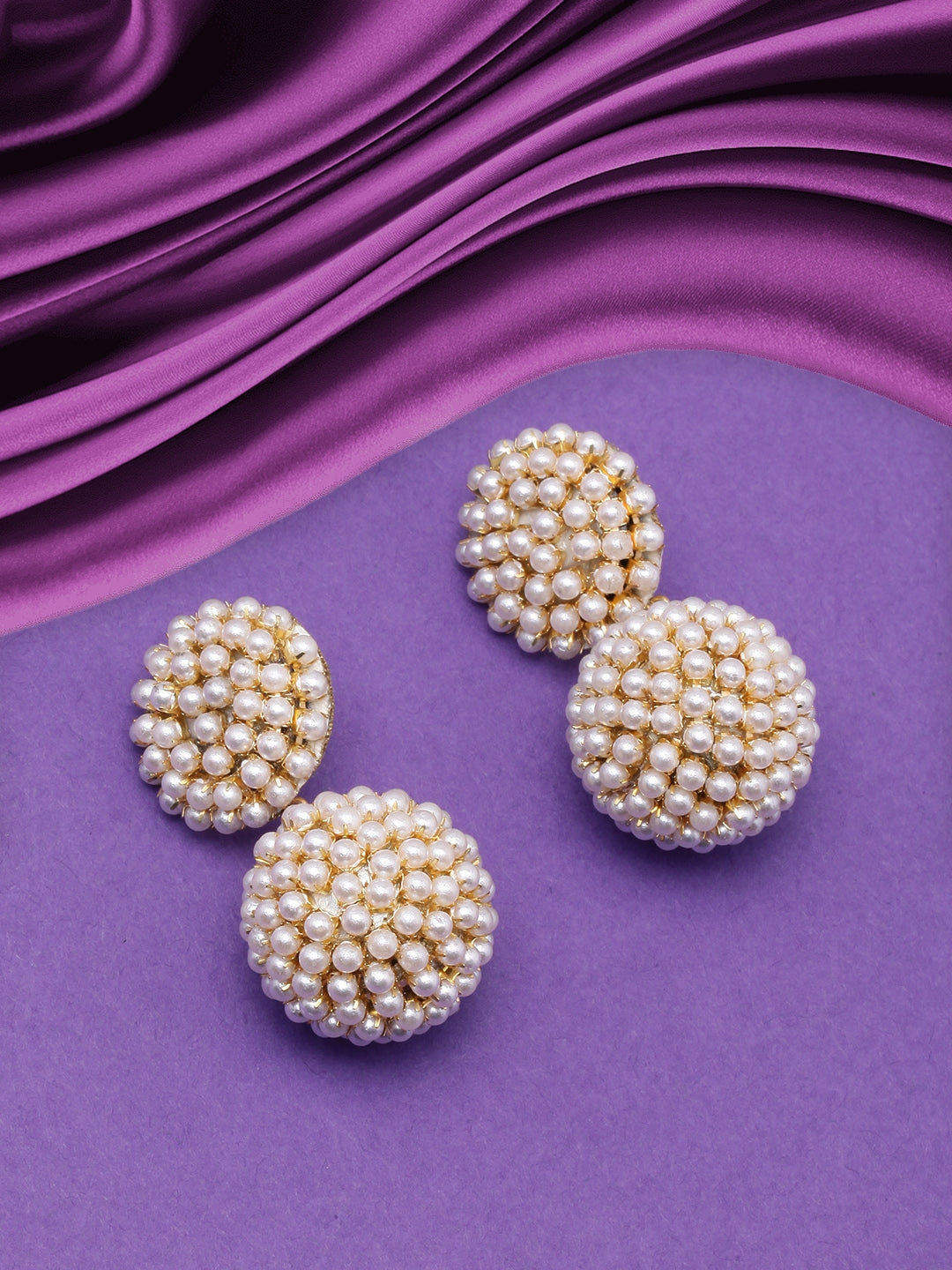 Gold-Plated White Pearl Studded Circular Drop Earrings