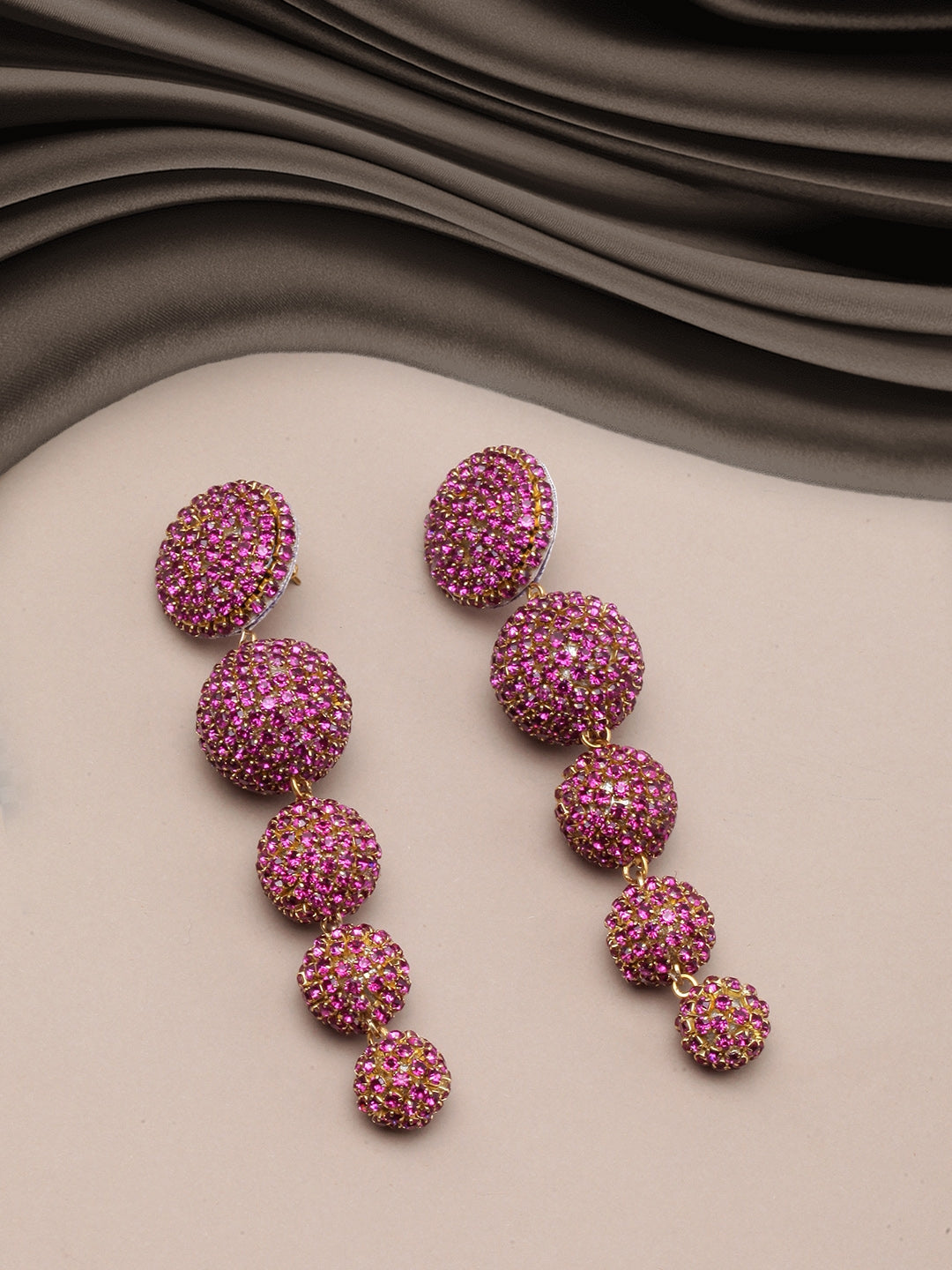 Gold-Plated Purple Circular Rhinestone Studded Drop Earrings