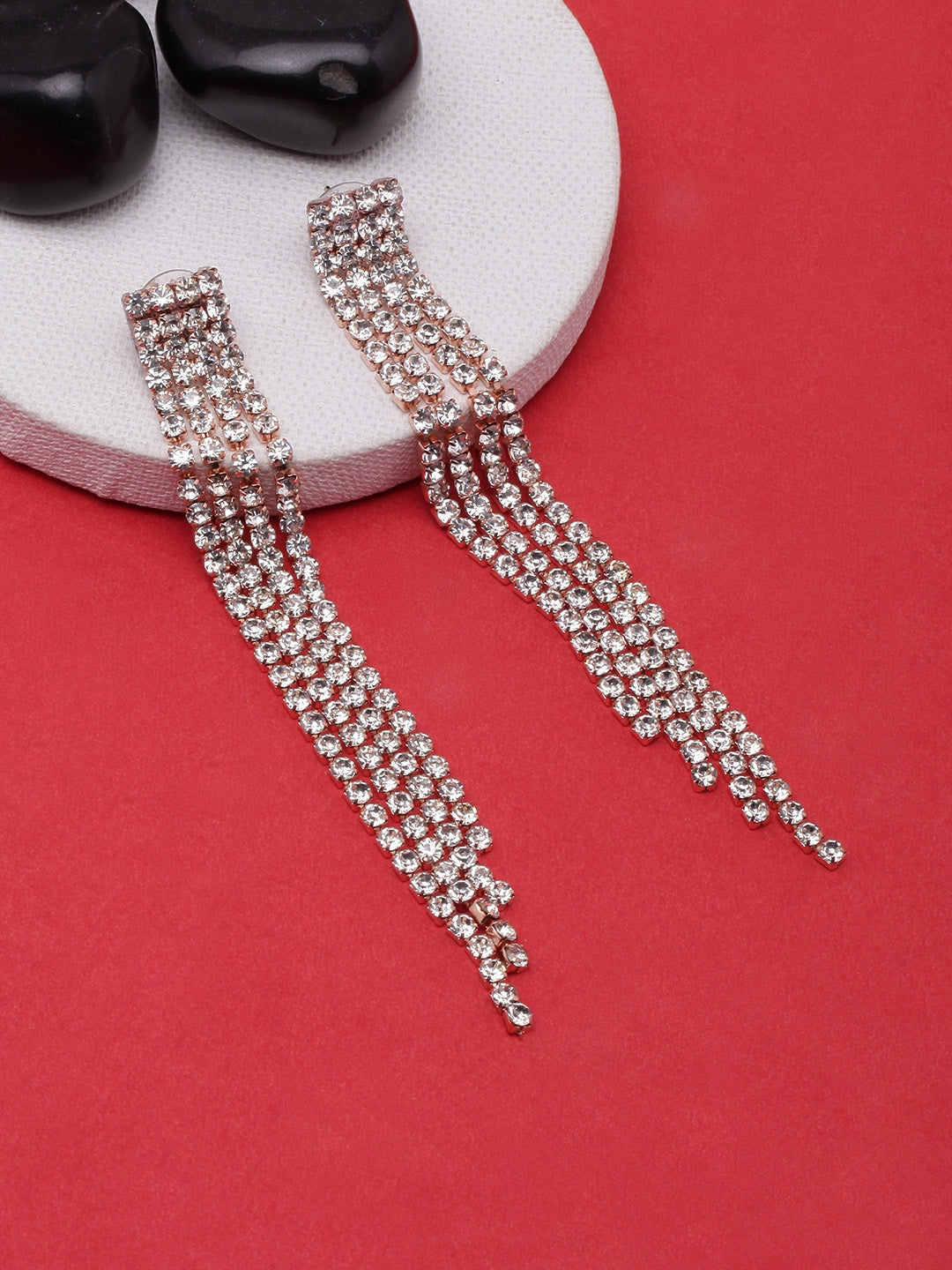 Rose Gold-Plated Rhinestone Studded Drop Earrings