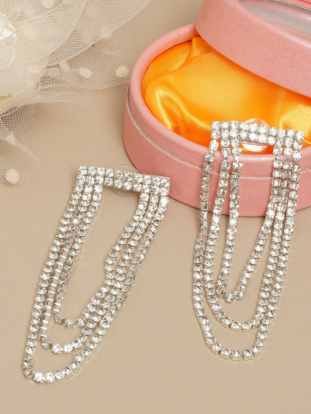 Silver-Plated CZ-Studded Layered Dangler Earrings