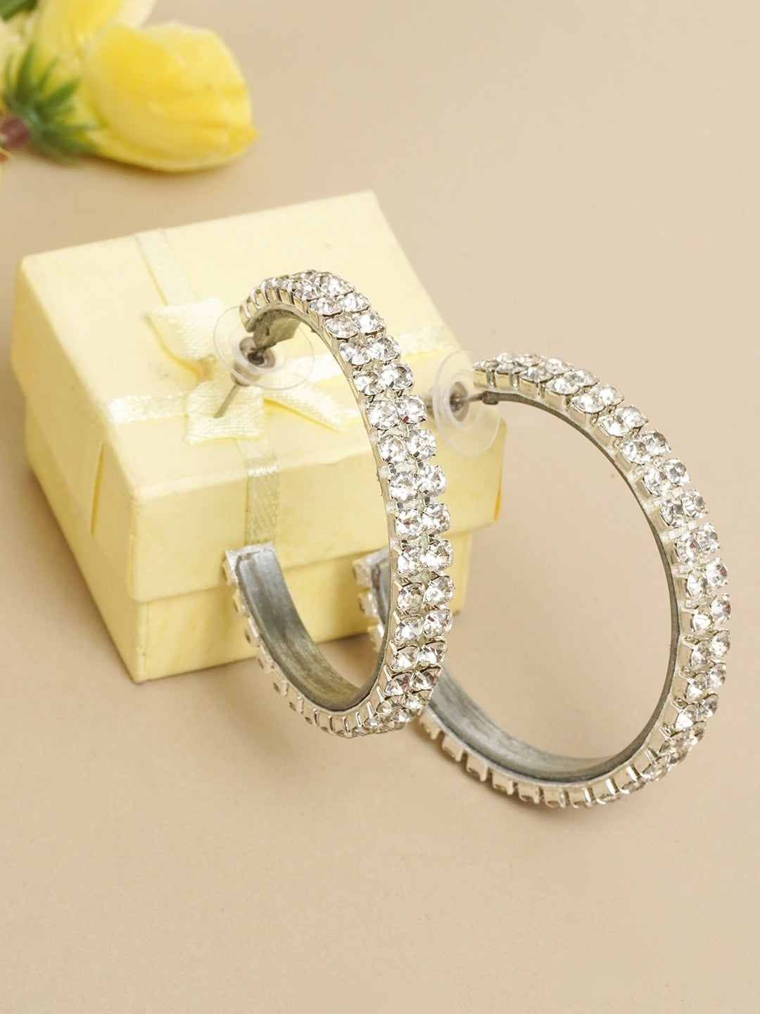 Silver-Plated CZ-Studded Half Hoop Earrings