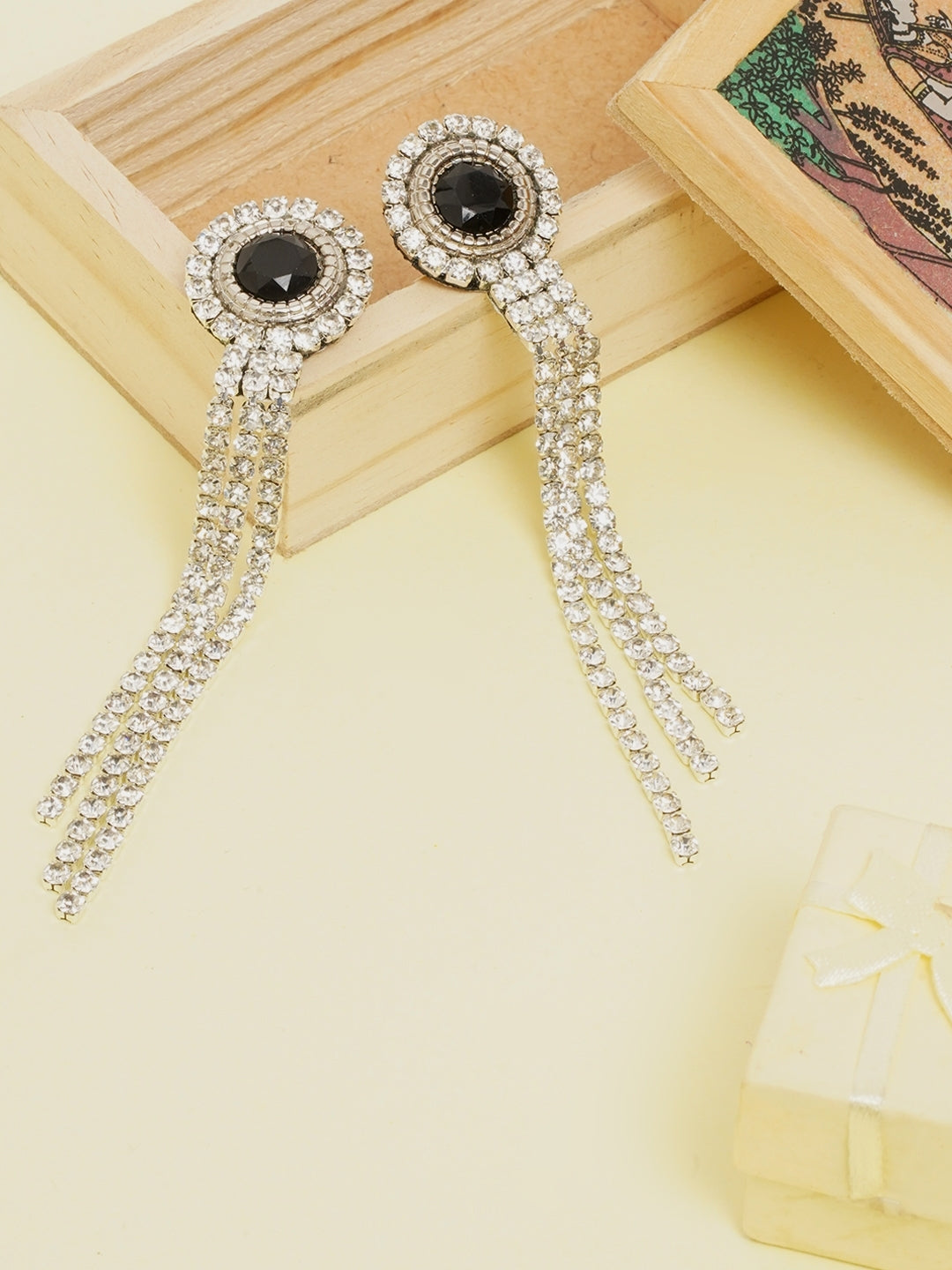 Silver-Plated CZ-Studded Black Stone Dangler Earrings