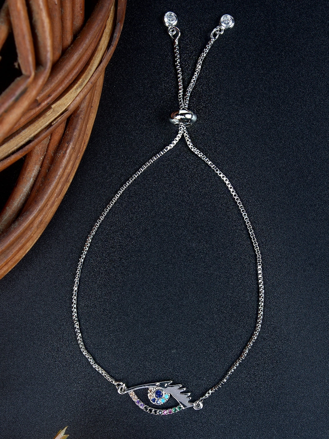 Silver-Plated Navy Blue & Black CZ Studded Bracelet