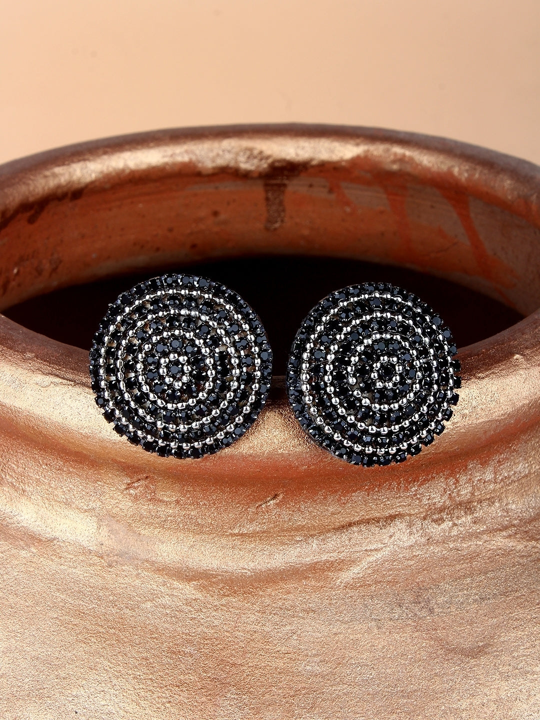 Silver-Plated Silver & Black Rhinestone Studded Contemporary Brass Studs