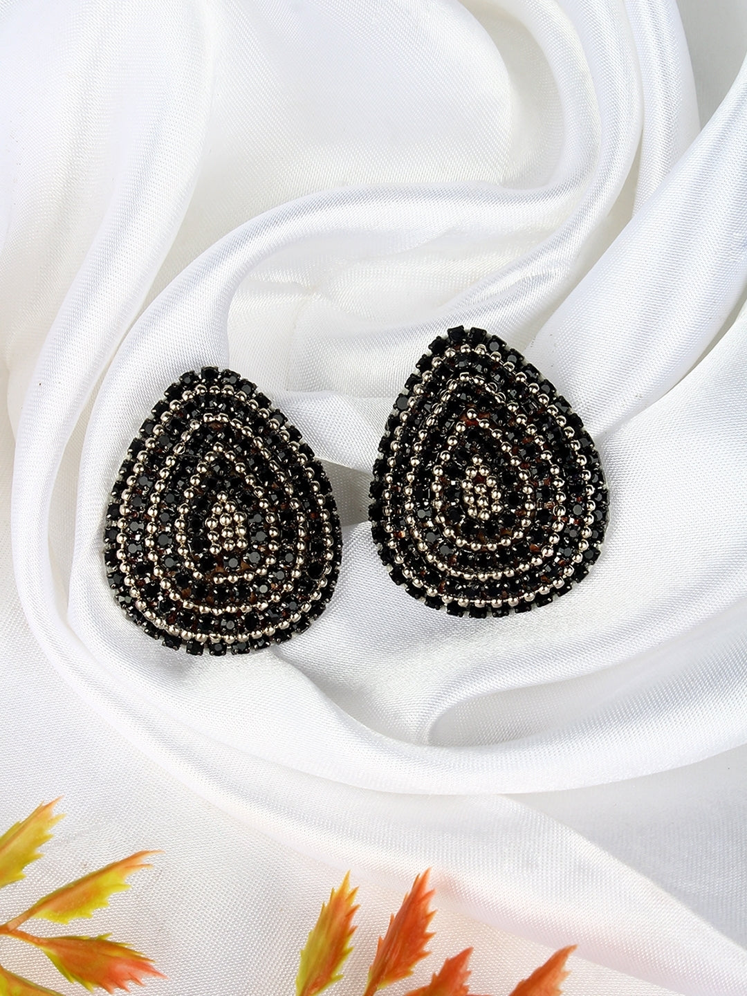 Silver-Plated Silver & Black Rhinestone Studded Contemporary Brass Studs