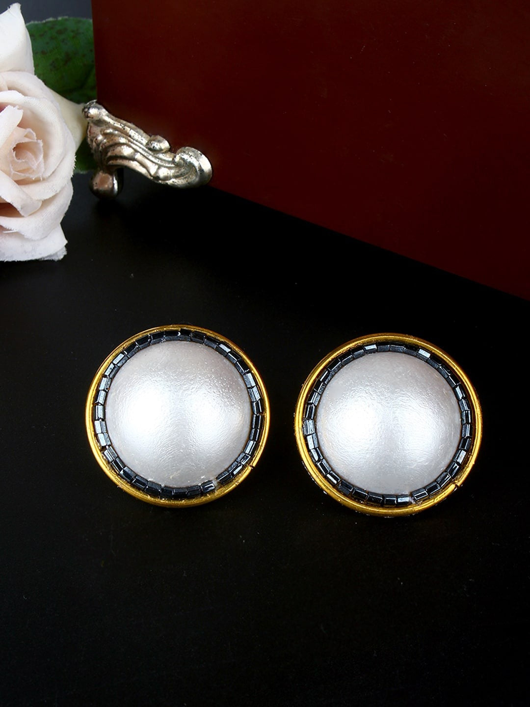 Gold-Plated White Chemical Bead Stud Earrings