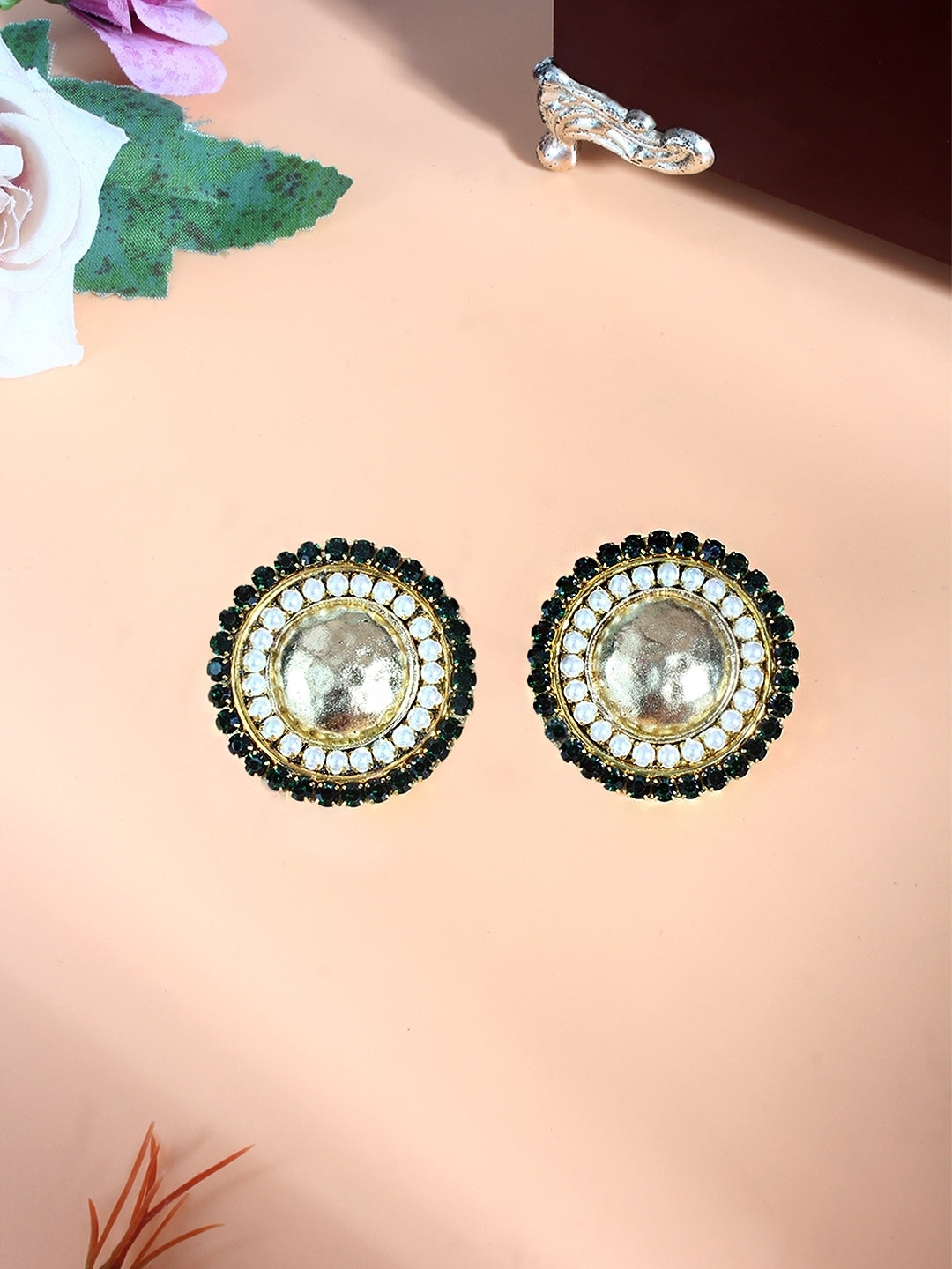Gold-Plated Gold & Green Rhinestone Studded Contemporary Brass Studs