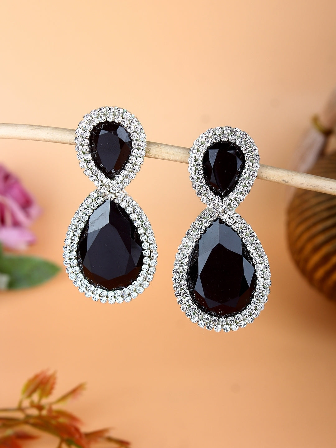 Silver-Plated Silver & Black Rhinestone Studded Contemporary Brass Studs