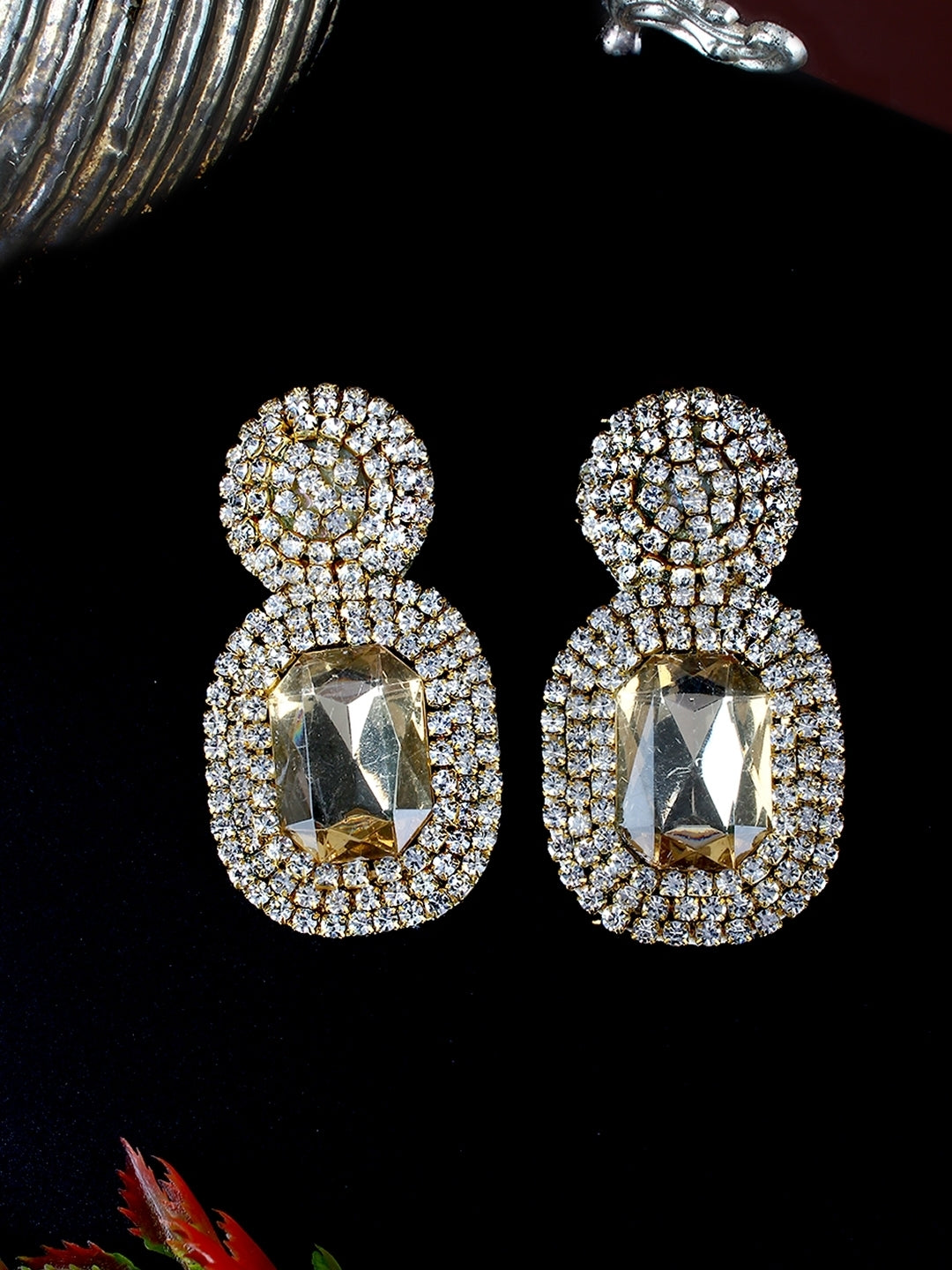 Gold-Plated Gold & Transparent Rhinestone Studded Contemporary Brass Studs