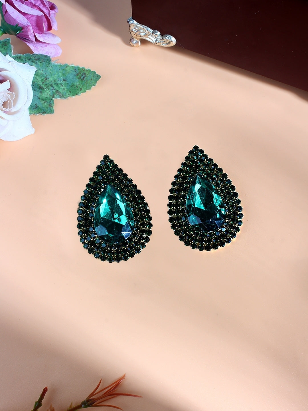 Silver-Plated Silver & Green Rhinestone Studded Contemporary Brass Studs