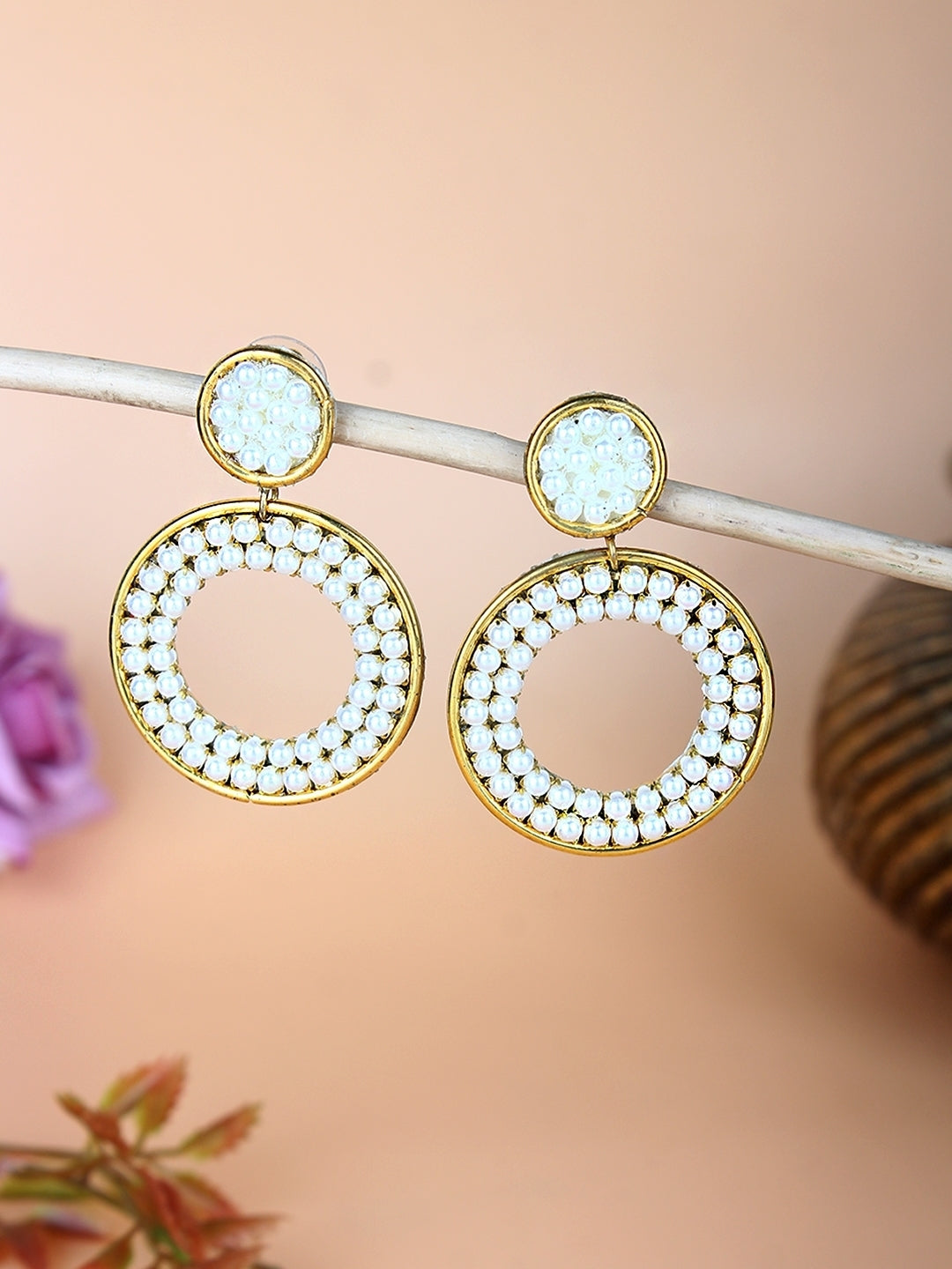 Gold-Plated Gold & White Rhinestone Studded Contemporary Brass Drop Earrings