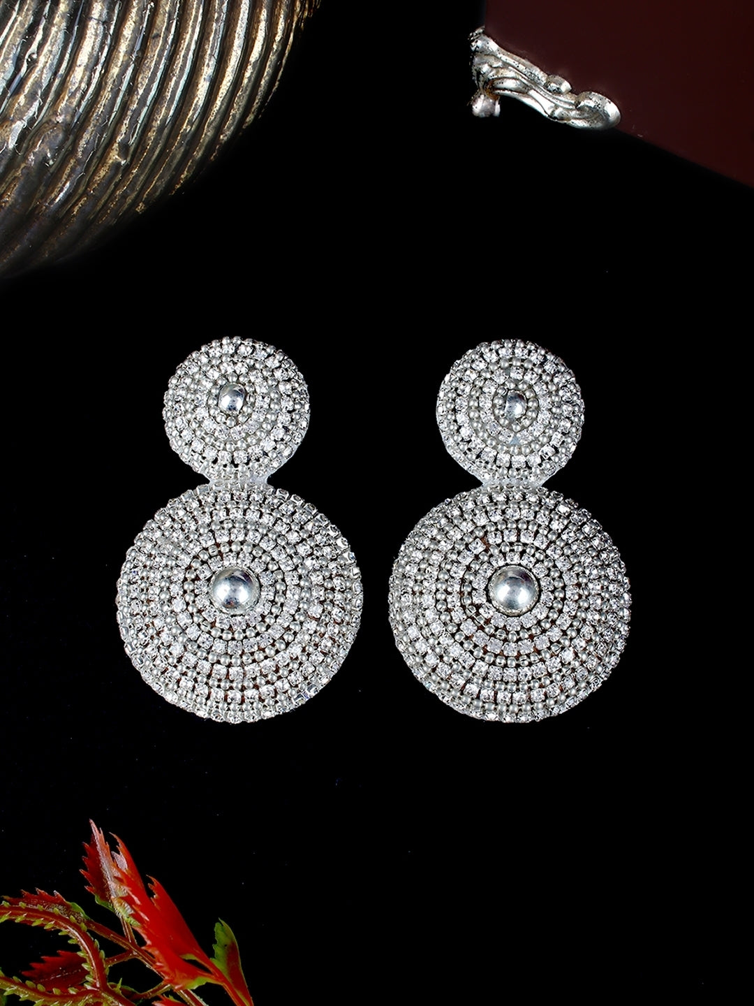 Silver-Plated Silver & Transparent Rhinestone Studded Contemporary Brass Studs