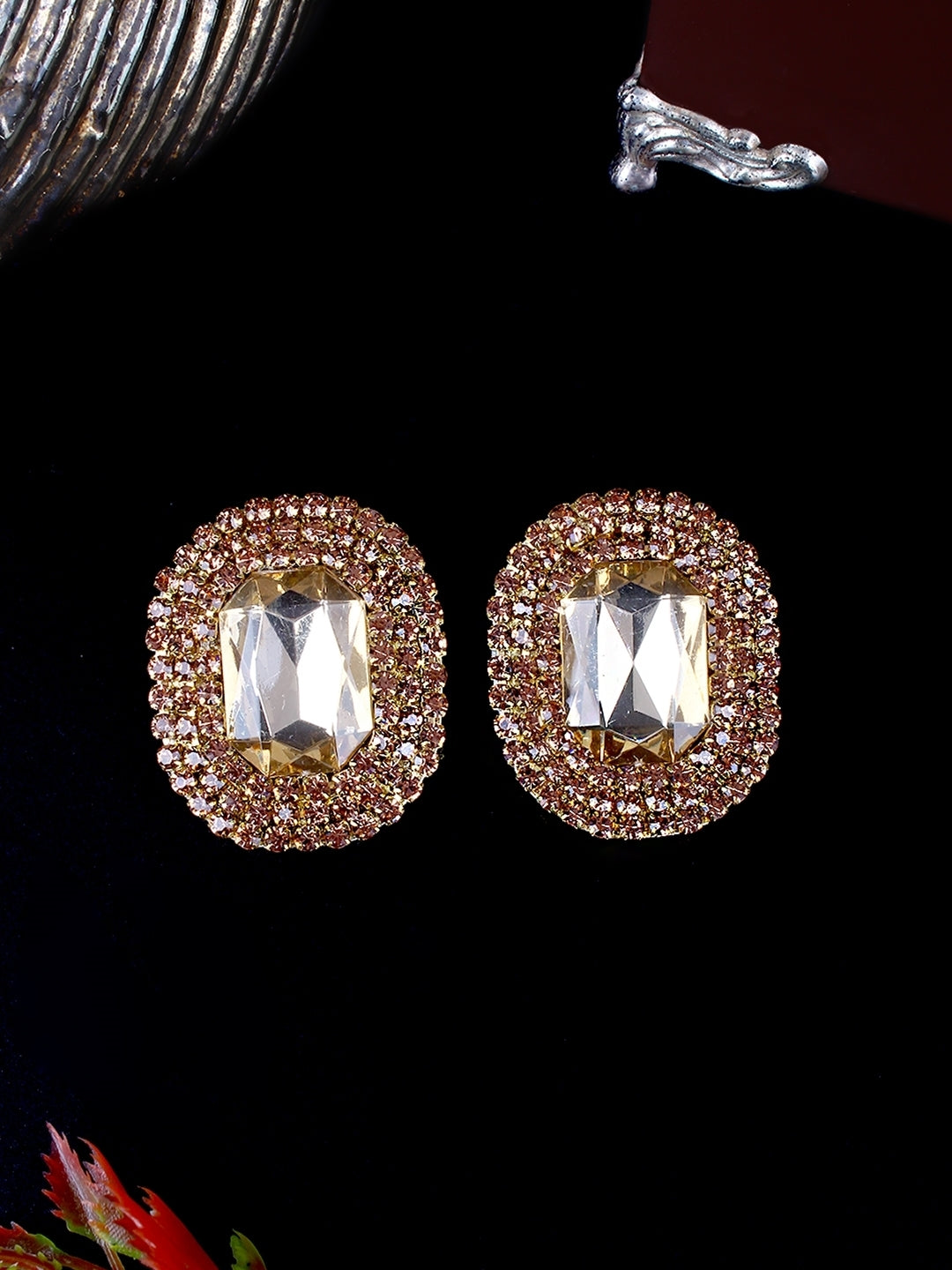 Gold-Plated Gold & Brown Rhinestone Studded Contemporary Brass Studs