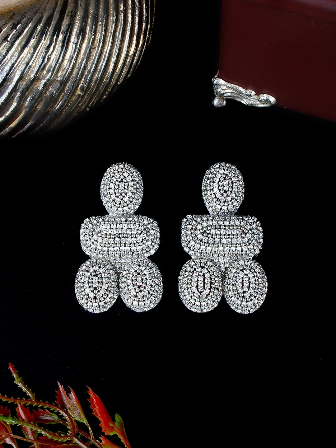 Silver-Plated Silver & Transparent Rhinestone Studded Contemporary Brass Studs