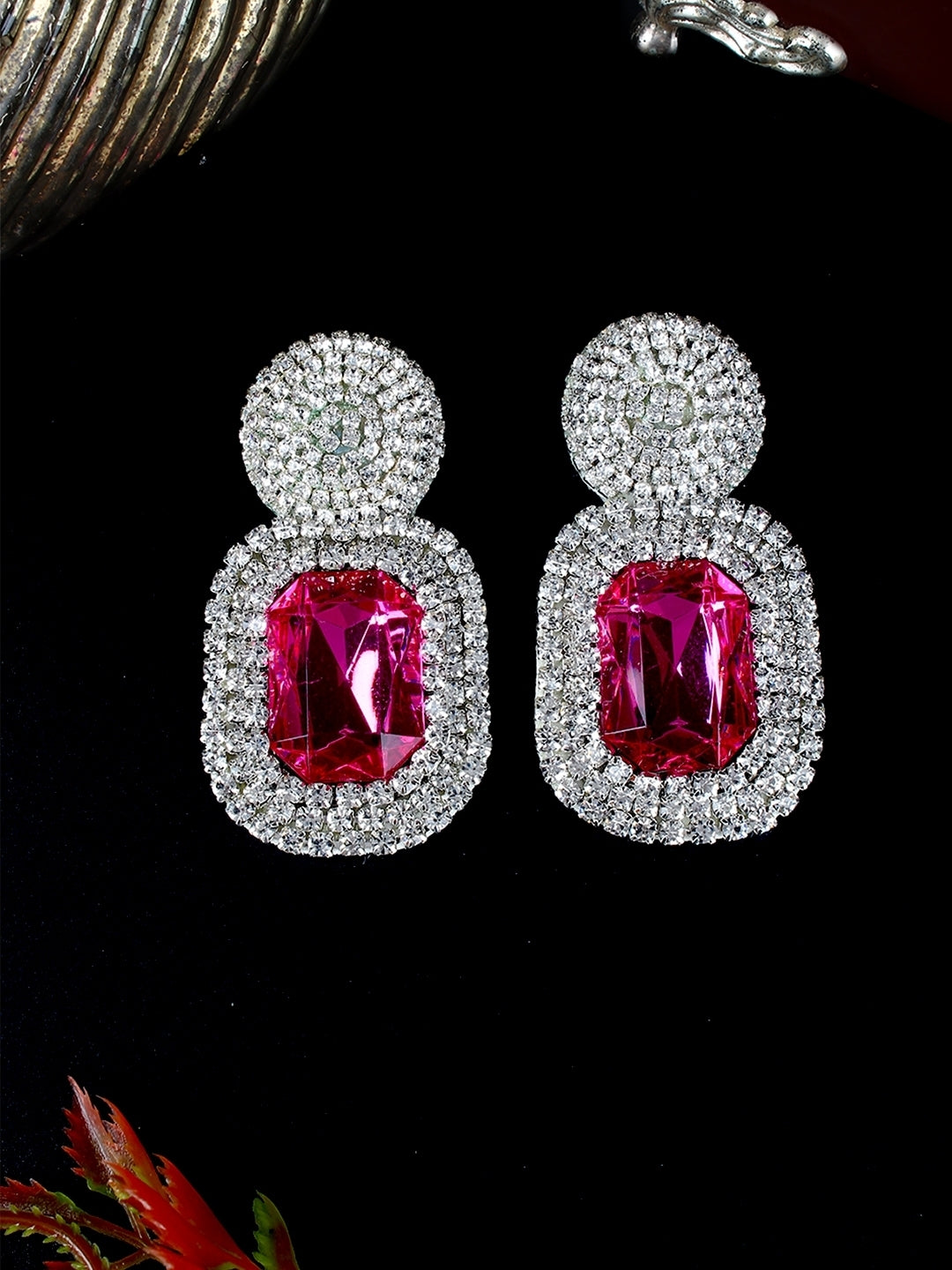 Silver-Plated Silver & Pink Rhinestone Studded Contemporary Brass Studs