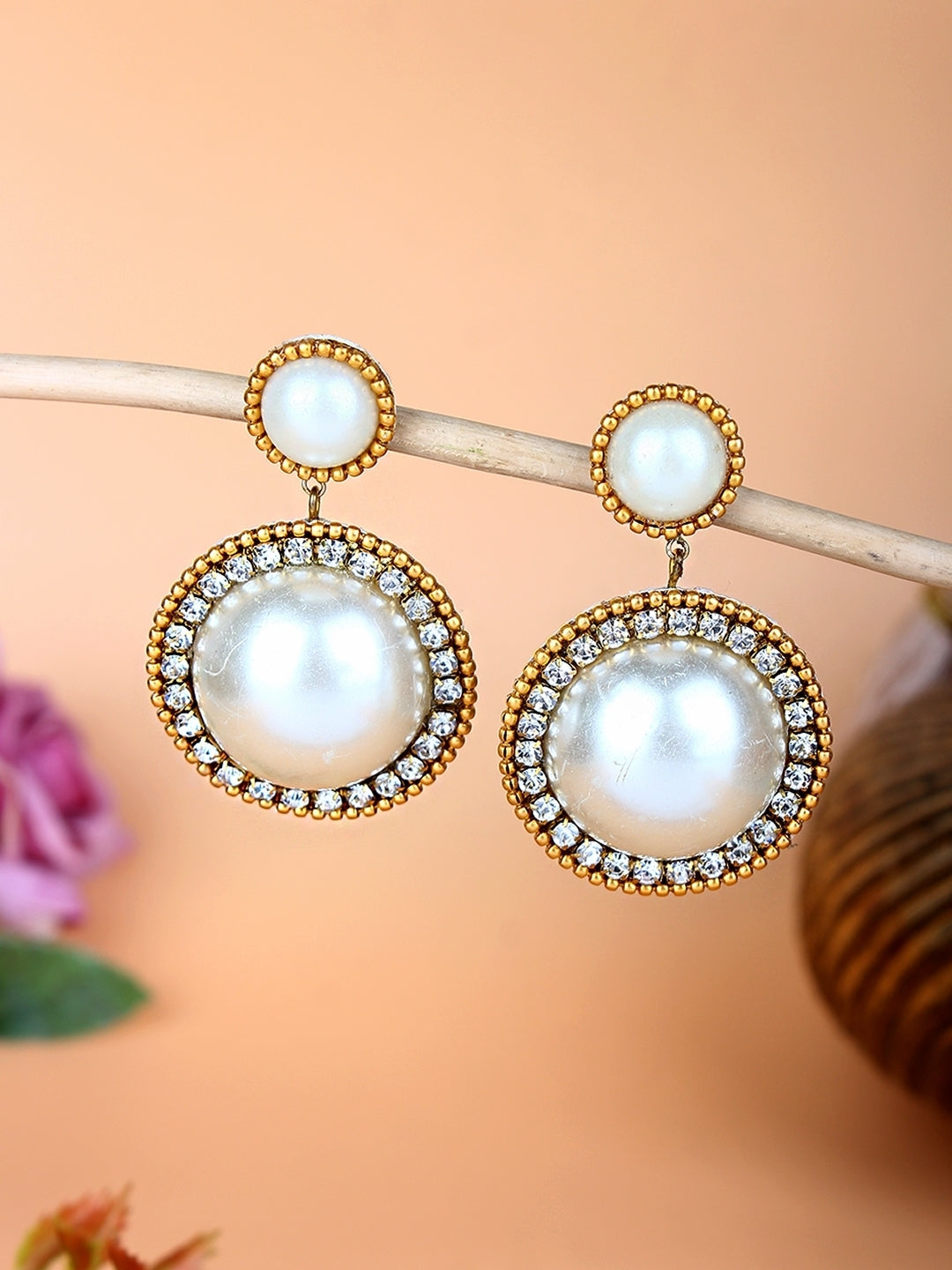 Gold-Plated Gold & Transparent Rhinestone Studded Contemporary Brass Drop Earrings