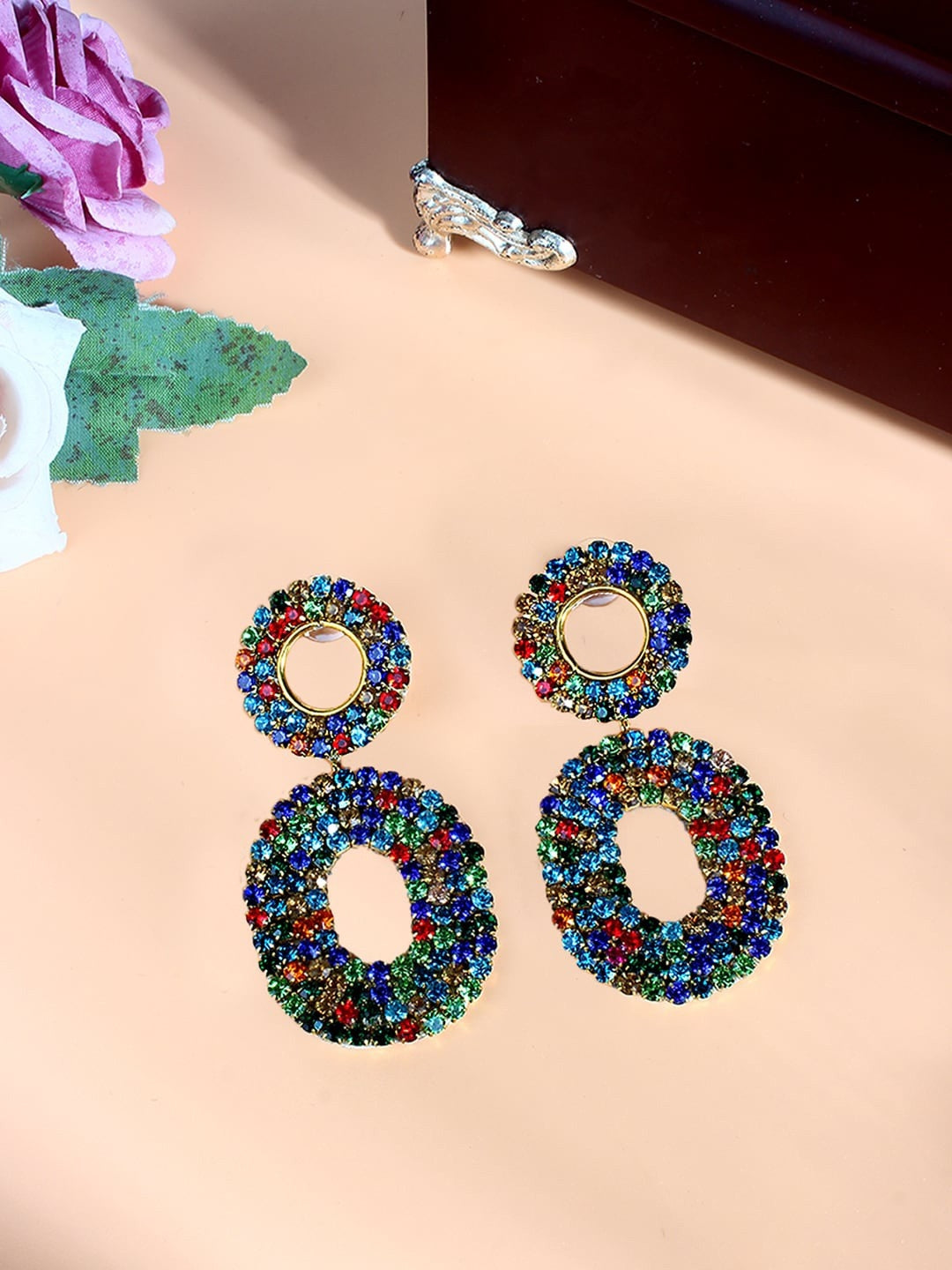Gold-Plated Multi Rhinestone Drop Earrings