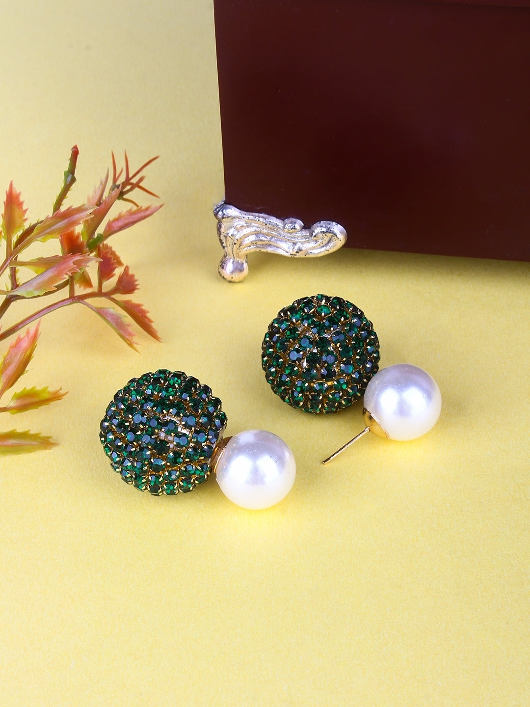 Gold-Plated Gold & Green Rhinestone Studded Contemporary Brass Drop Earrings