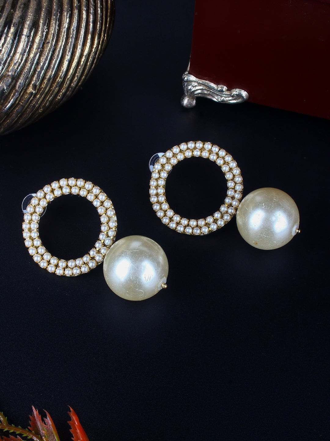 Gold-Plated Gold & White Rhinestone Studded Contemporary Brass Drop Earrings