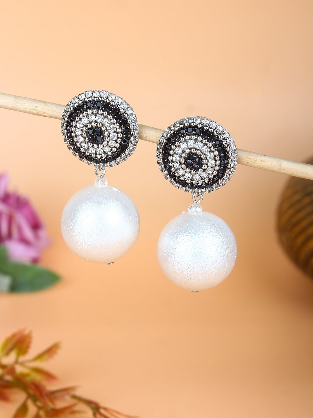 Silver-Plated Silver & Black Rhinestone Studded Contemporary Brass Drop Earrings