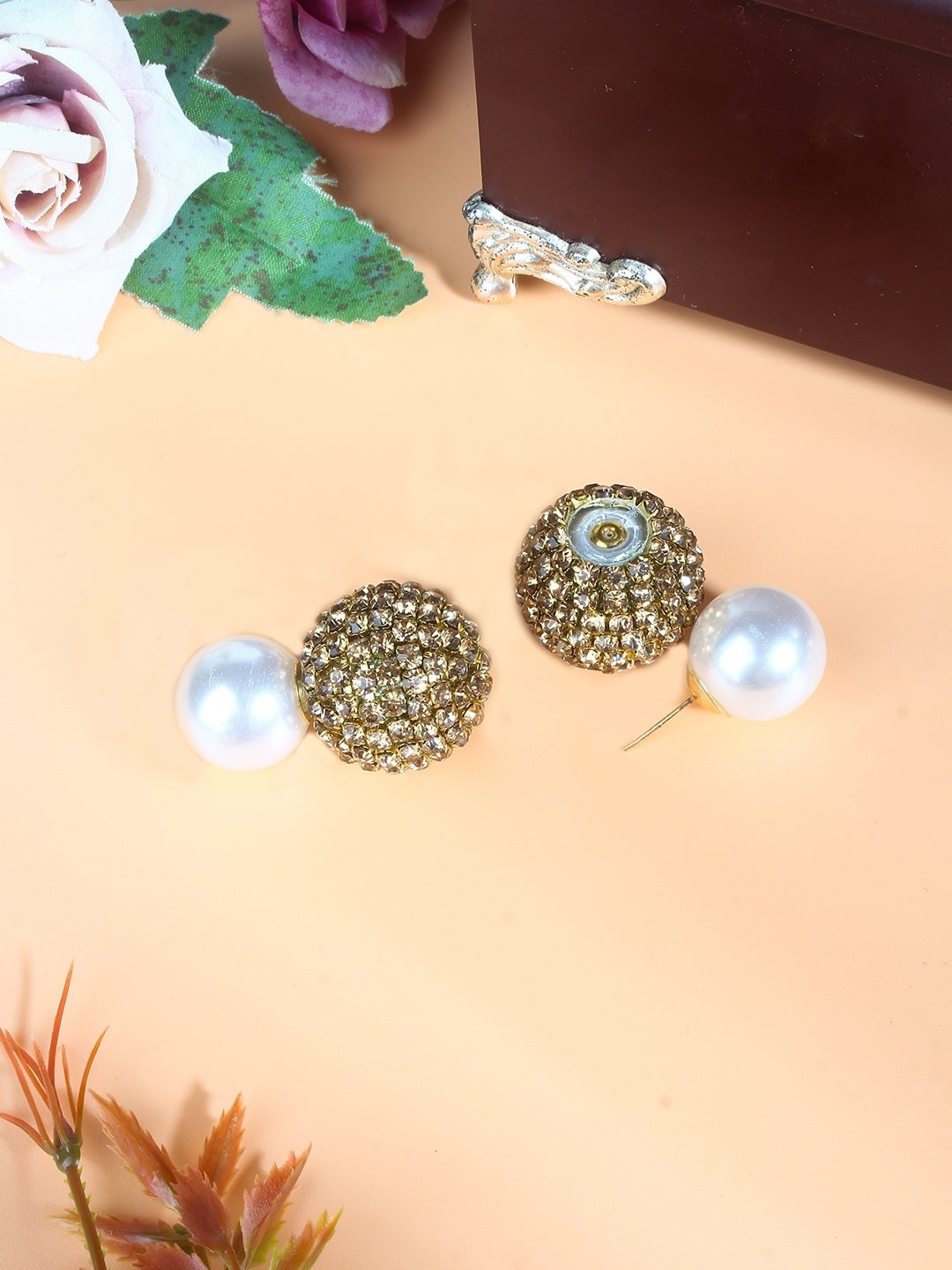 Gold-Plated Gold & White Rhinestone Studded Contemporary Brass Studs