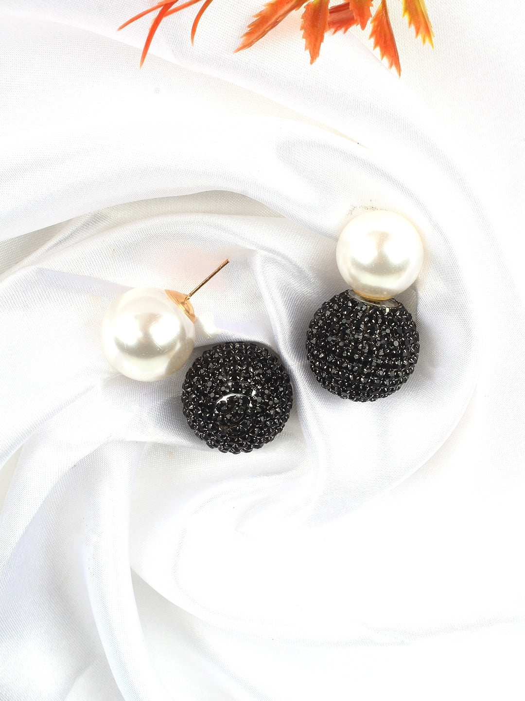 Brass-Plated Black & White Rhinestone Studded Contemporary Brass Studs