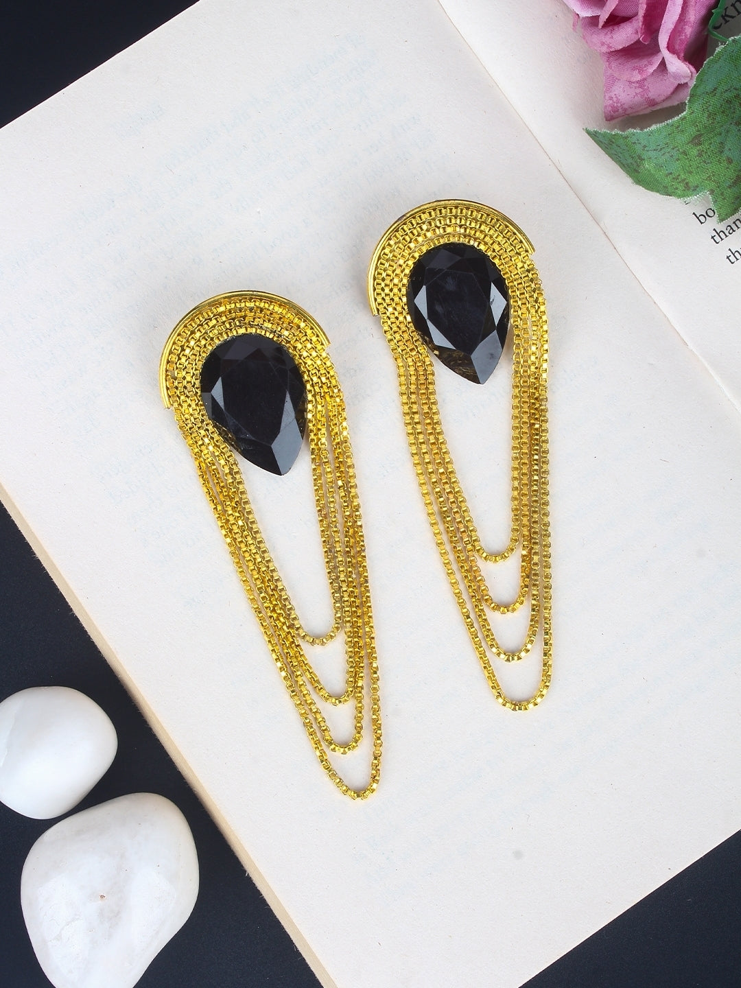 Gold-Plated Gold & Black Rhinestone Studded Contemporary Brass Drop Earrings
