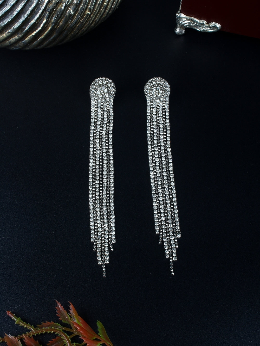 Silver-Plated Silver & Transparent Rhinestone Studded Contemporary Brass Drop Earrings