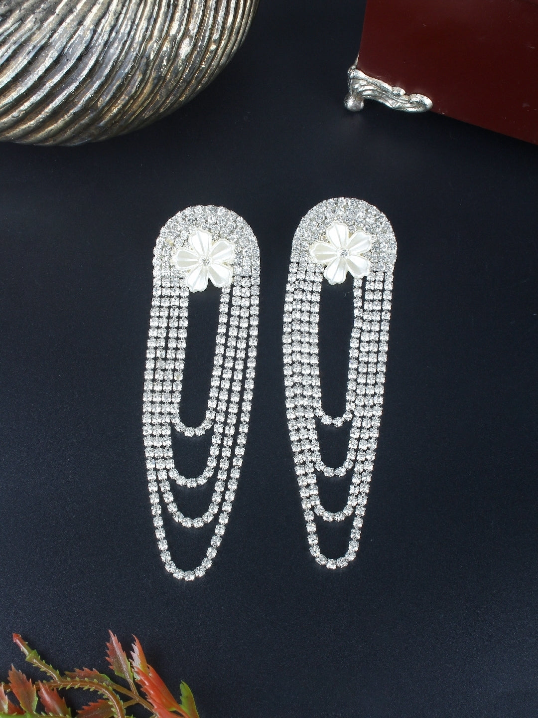 Silver-Plated Silver & Transparent Rhinestone Studded Contemporary Brass Drop Earrings