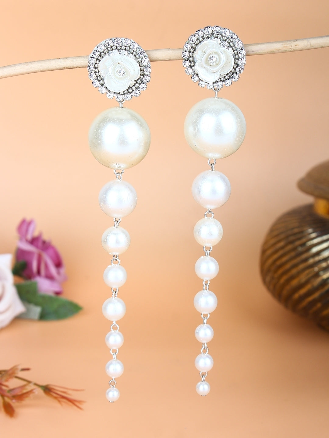 Silver-Plated Silver & White Rhinestone Studded Contemporary Brass Drop Earrings