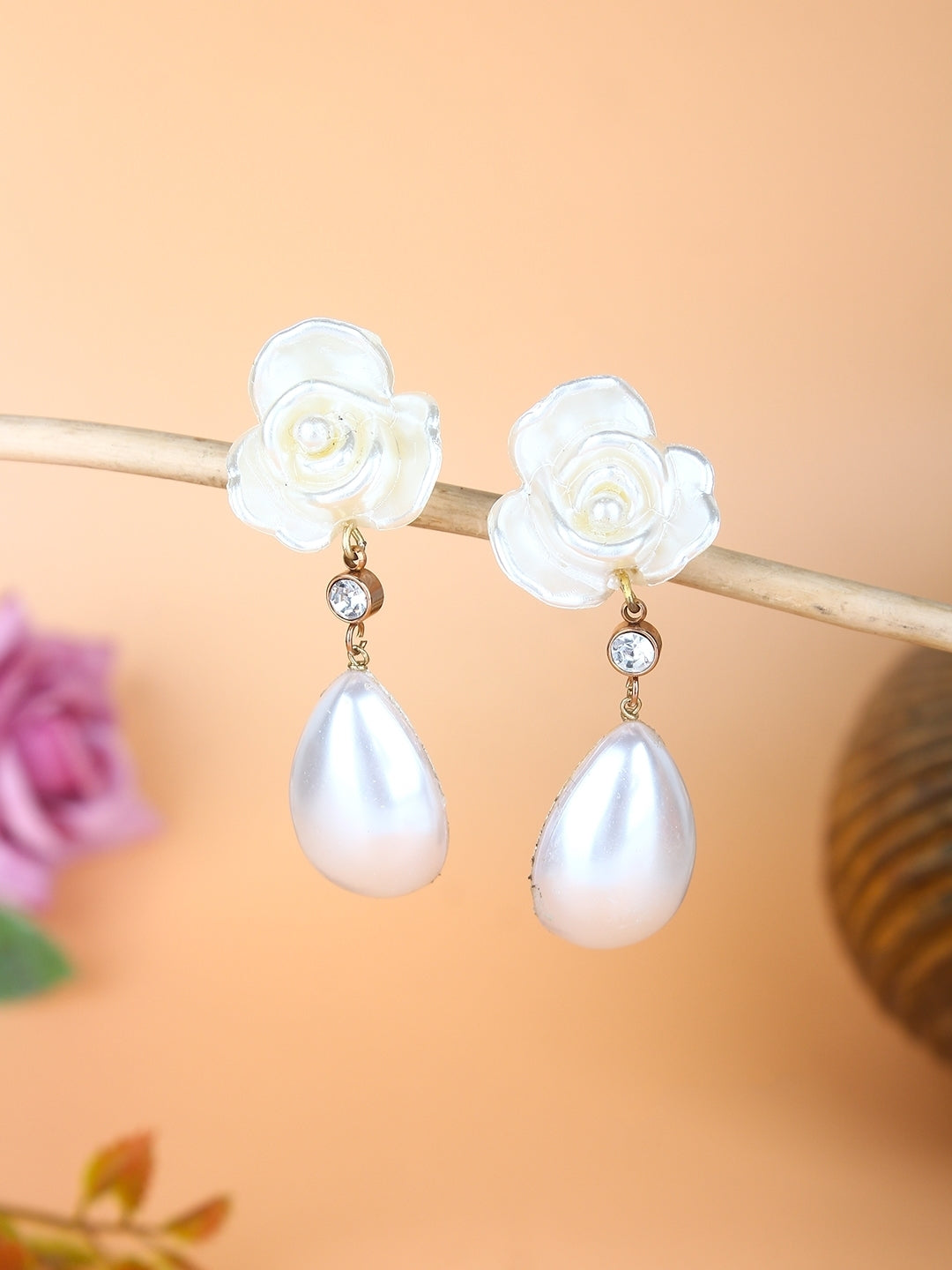 Gold-Plated Gold & White Rhinestone Studded Contemporary Brass Drop Earrings