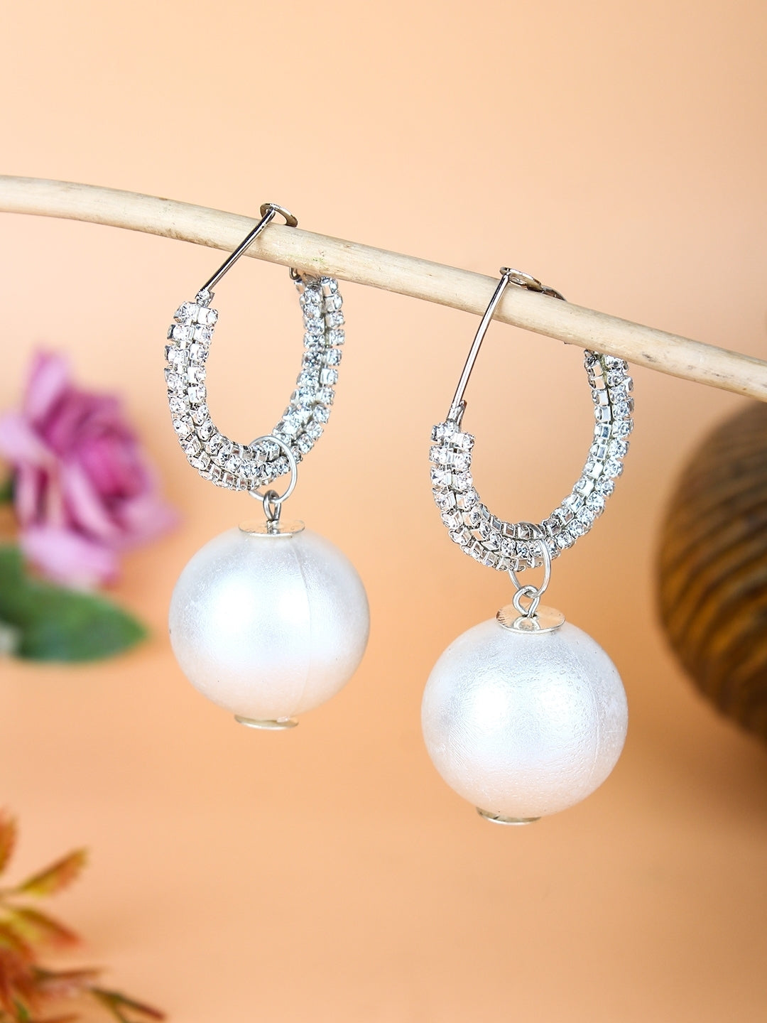 Silver-Plated Silver & White Rhinestone Studded Contemporary Brass Drop Earrings