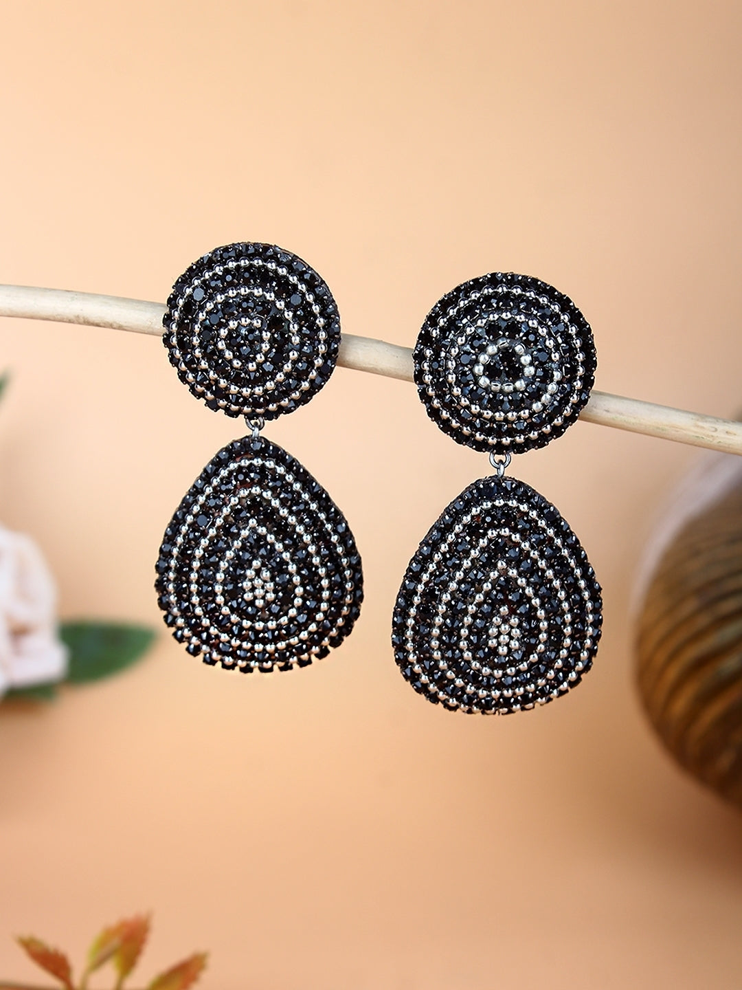 Brass-Plated Black & Transparent Rhinestone Studded Contemporary Brass Drop Earrings
