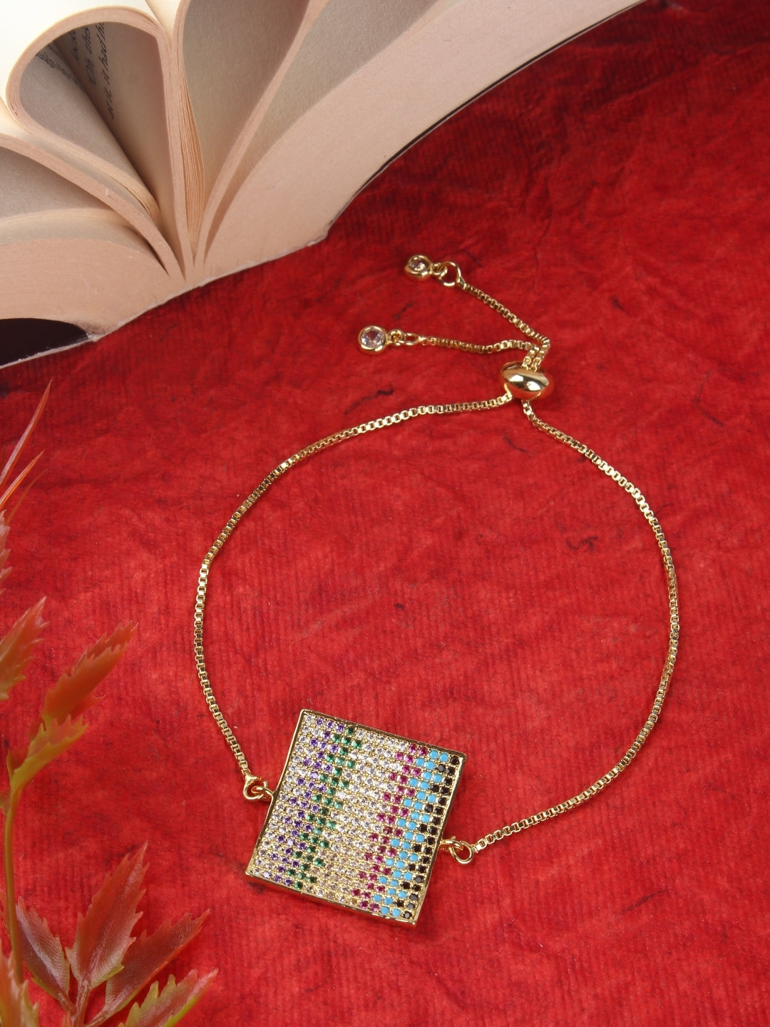 Gold-Plated Gold & Multi Cubic Zirconia Studded Brass Charm Bracelet