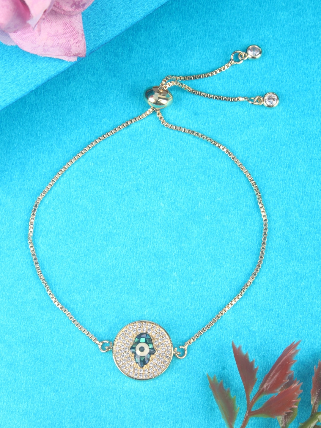 Gold-Plated Gold & Transparent Cubic Zirconia Studded Brass Charm Bracelet