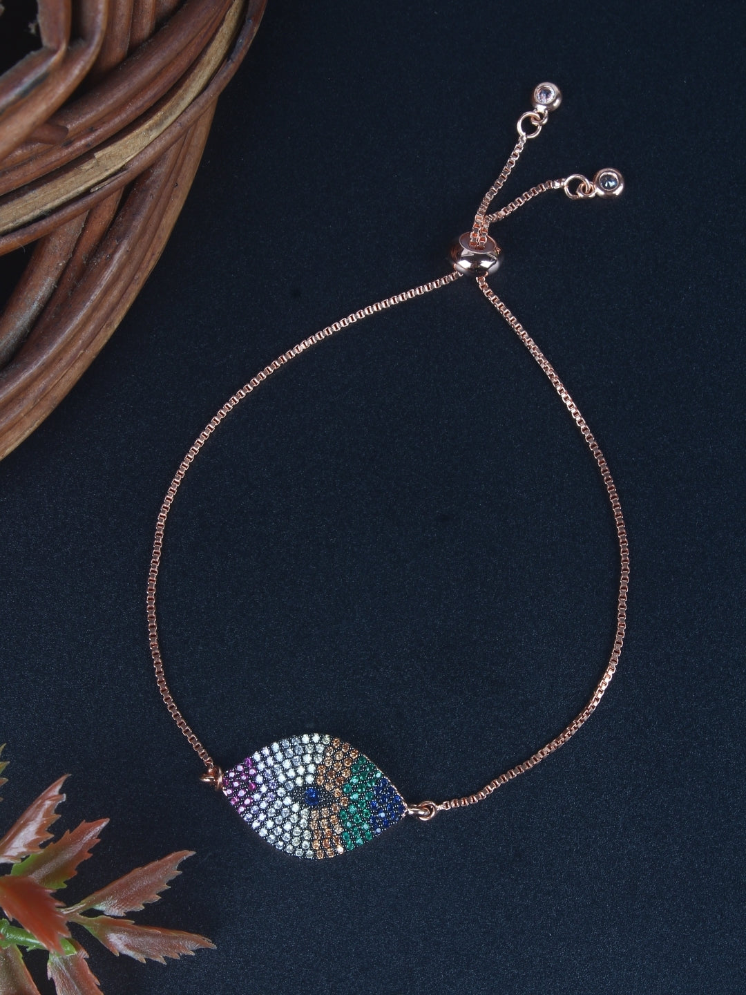 Rose Gold-Plated Rose Gold & Multi Cubic Zirconia Studded Brass Charm Bracelet