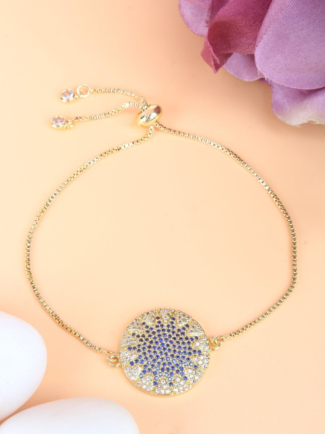 Gold-Plated Gold & Navy Blue Cubic Zirconia Studded Brass Charm Bracelet